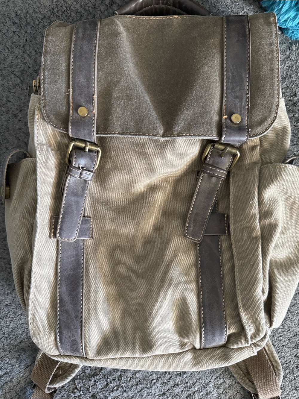 Cargoit Canvas Backpack Tan with Brown Leather Trim - UNISEX
